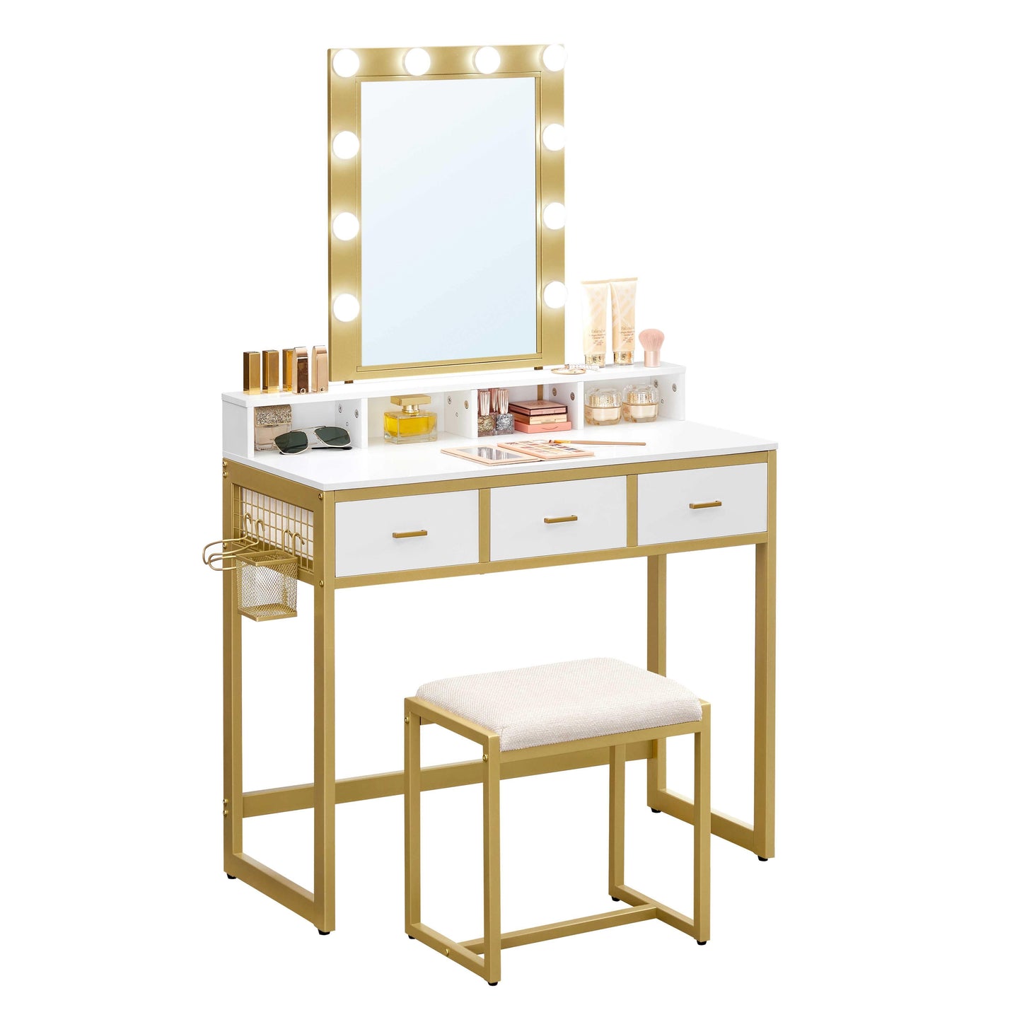 White & Gold Makeup Vanity Set with Mirror & Lights FredCo