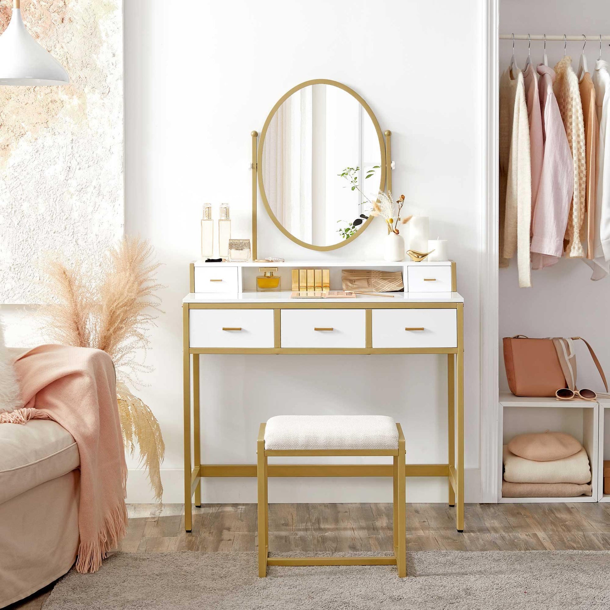 White & Gold Makeup Vanity Set with Oval Mirror FredCo