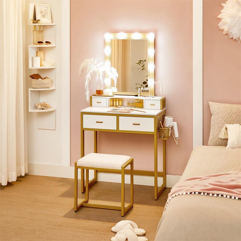 White & Gold Small Makeup Table with Lights FredCo