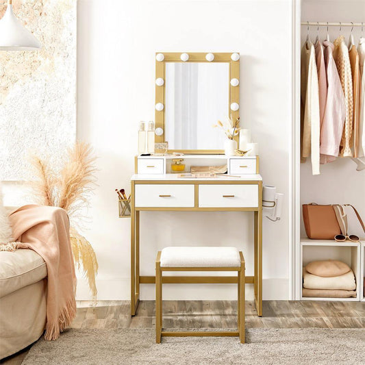 White & Gold Small Makeup Table with Lights FredCo