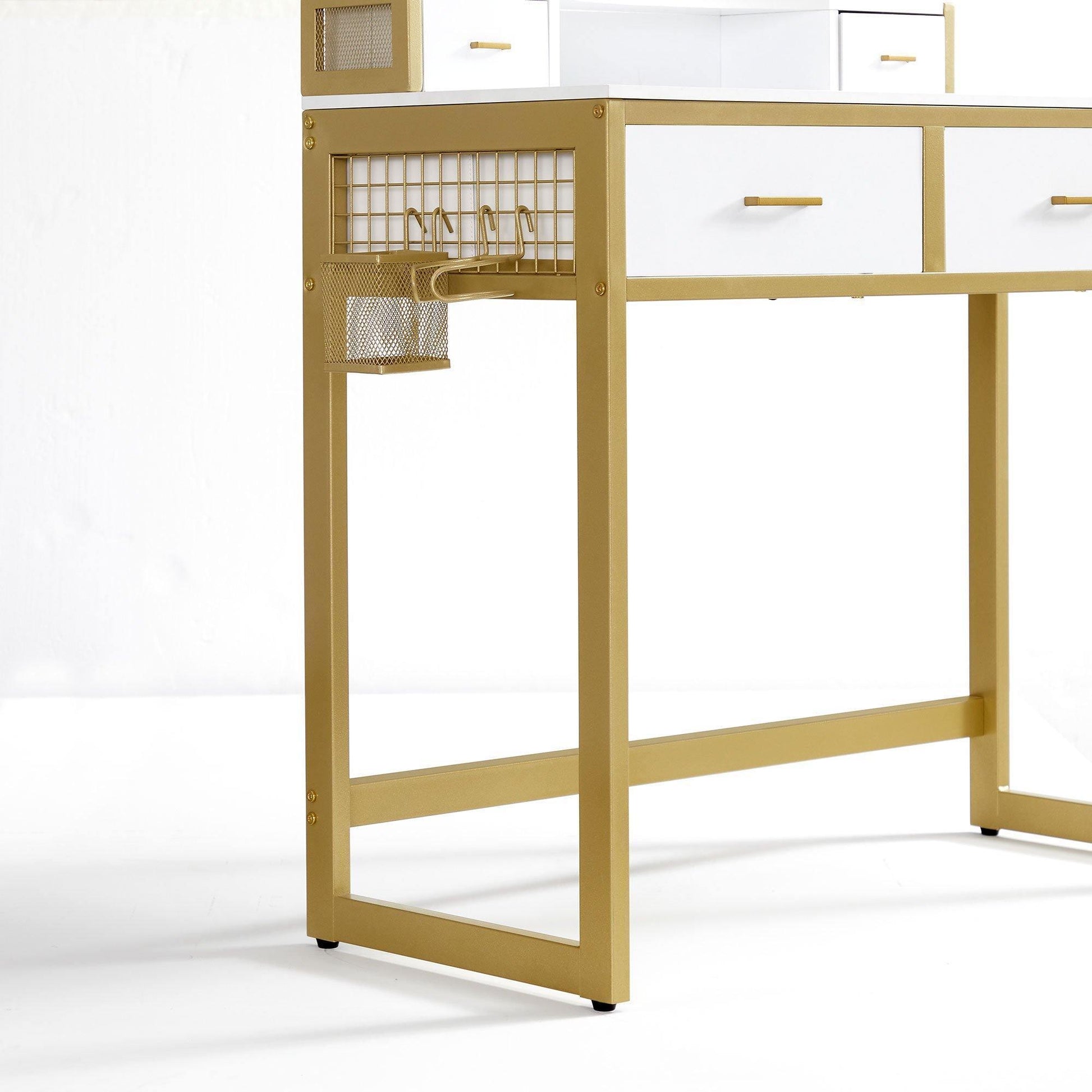 White & Gold Small Makeup Table with Lights FredCo