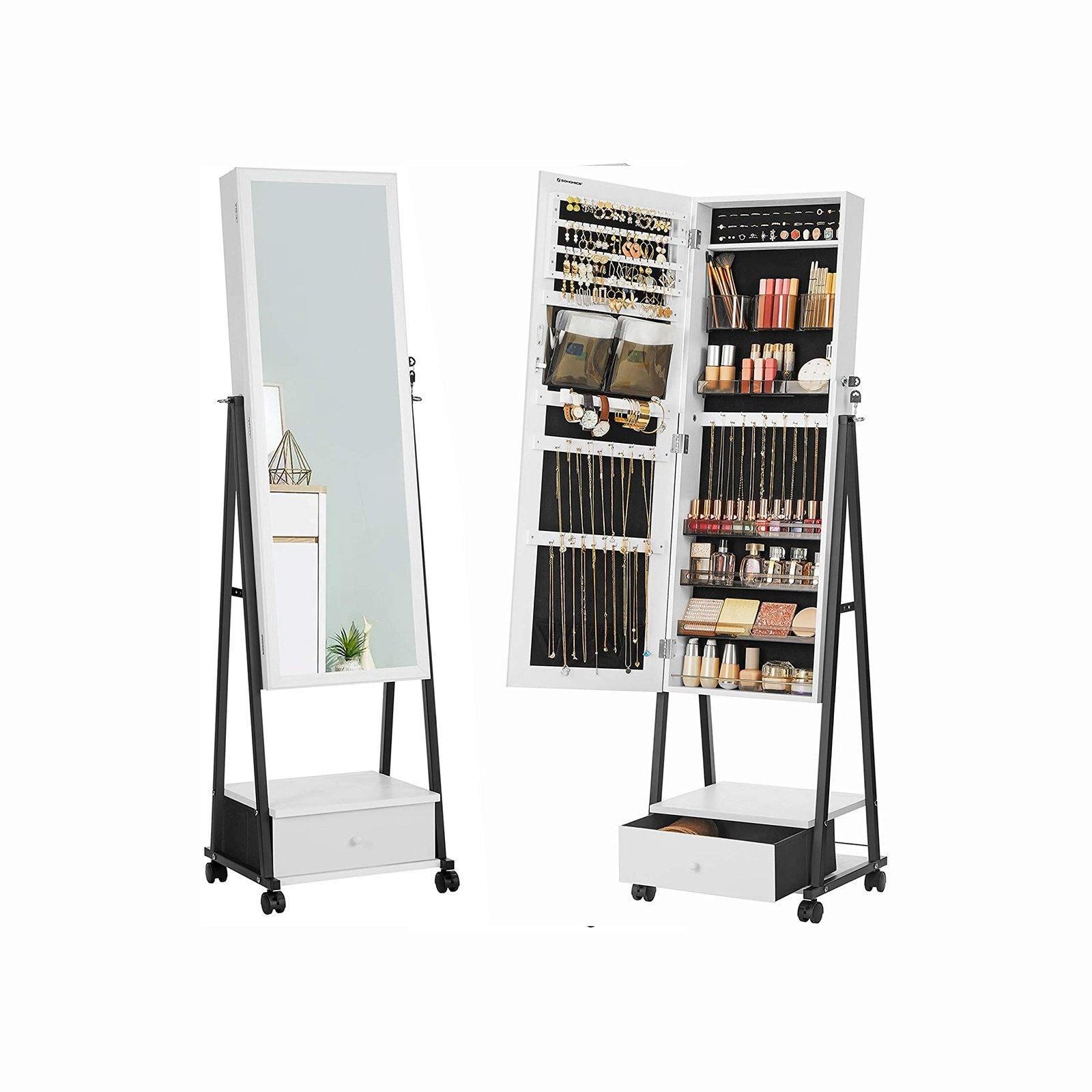 White Jewelry Cabinet with Drawer on Wheels FredCo