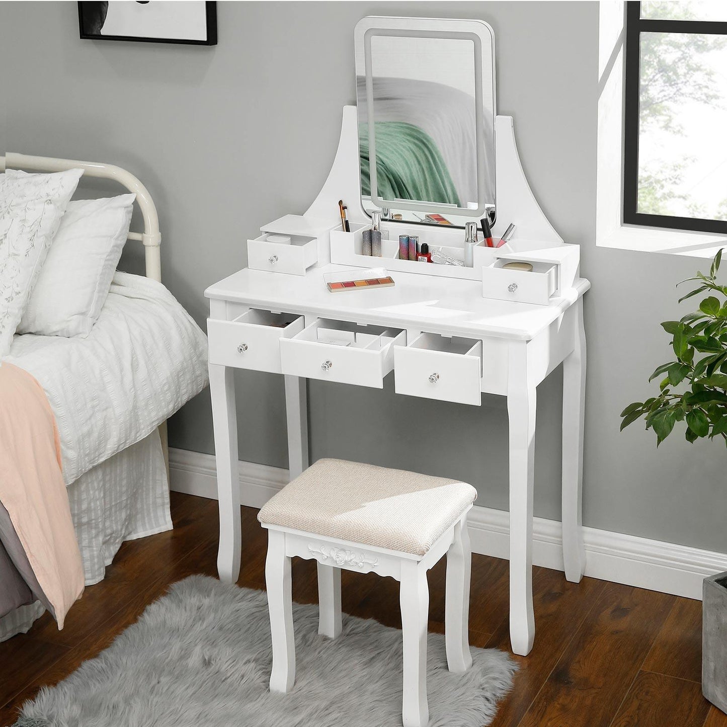 White Makeup Table with Mirror & Lights FredCo