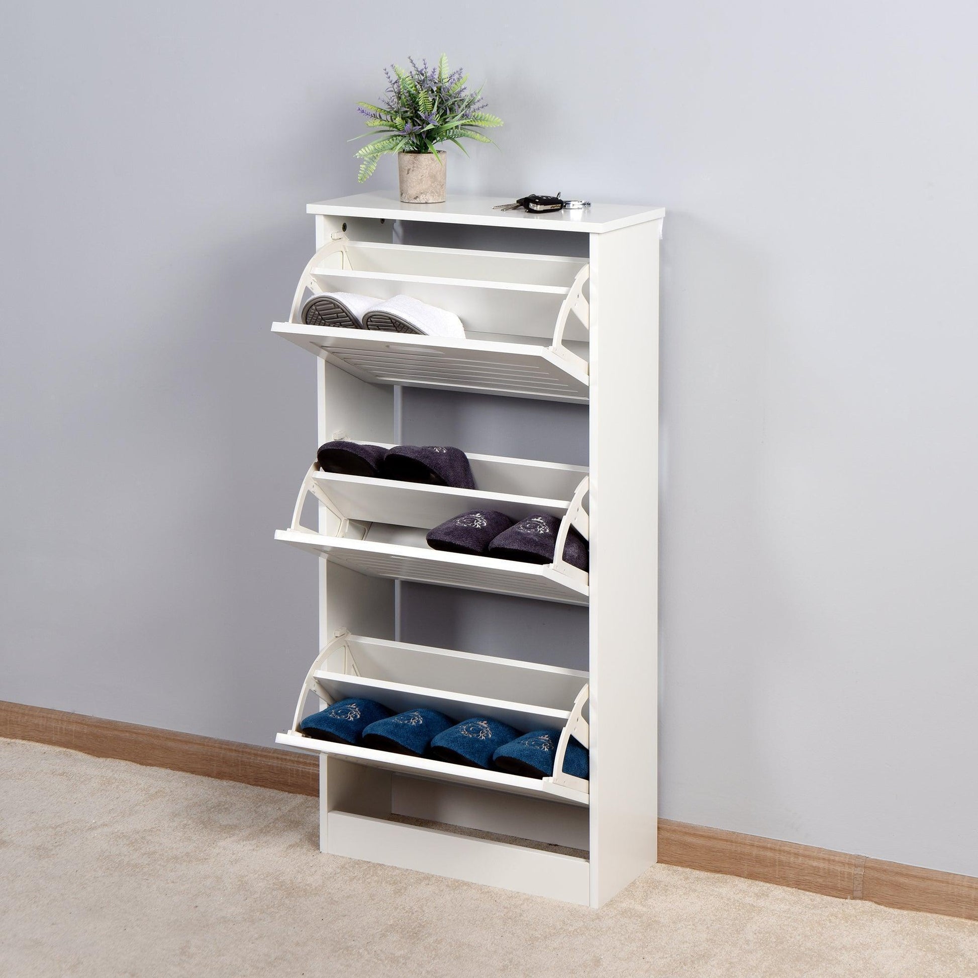 White Shoe Storage Cabinet with 3 Flip Doors 20.94x9.45x43.11 inch FredCo