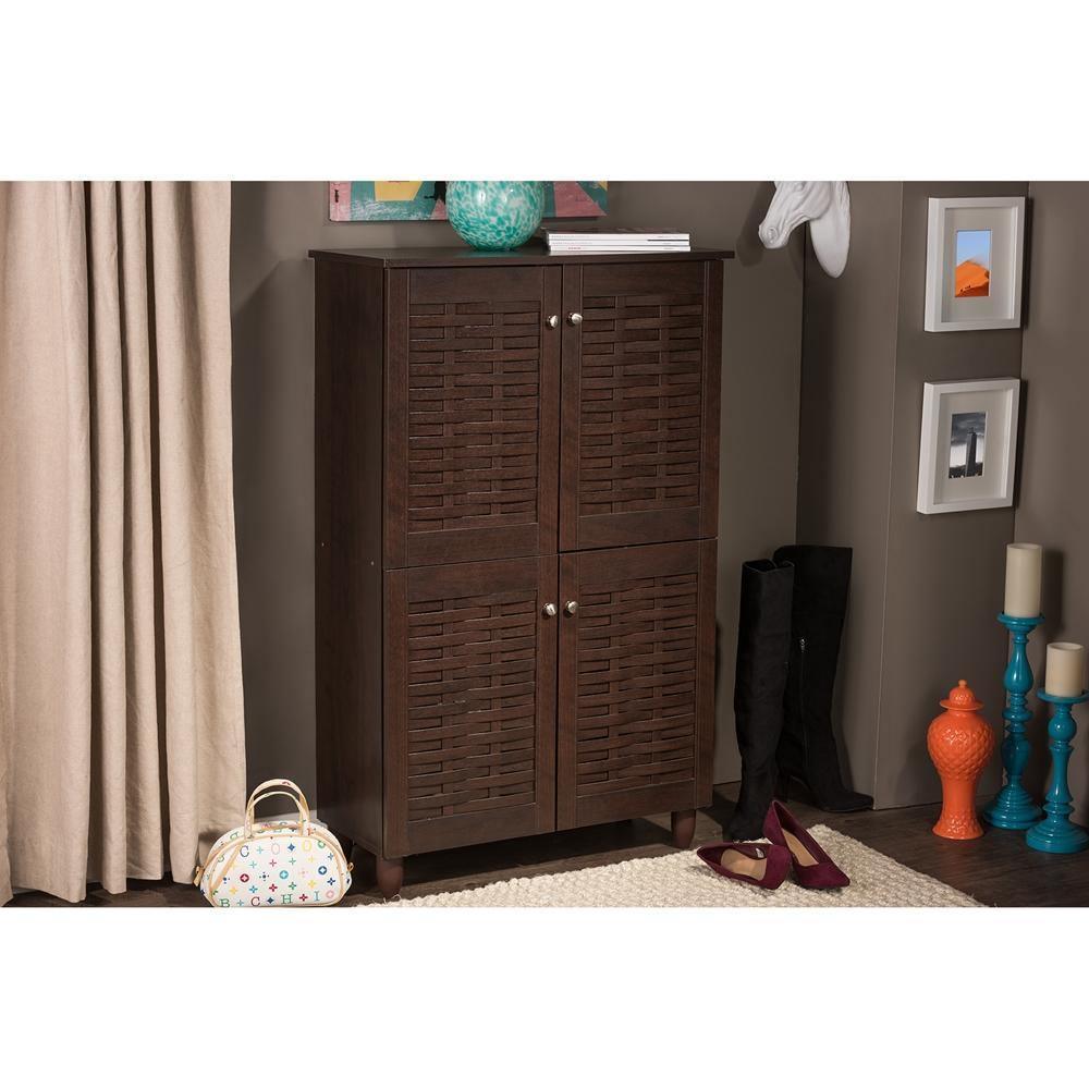 Winda Modern and Contemporary 4-Door Dark Brown Wooden Entryway Shoes Storage Cabinet FredCo