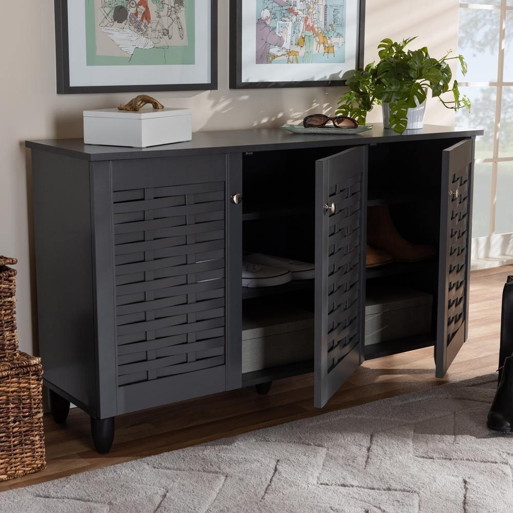 Winda Modern and Contemporary Dark Gray 3-Door Wooden Entryway Shoe Storage Cabinet FredCo