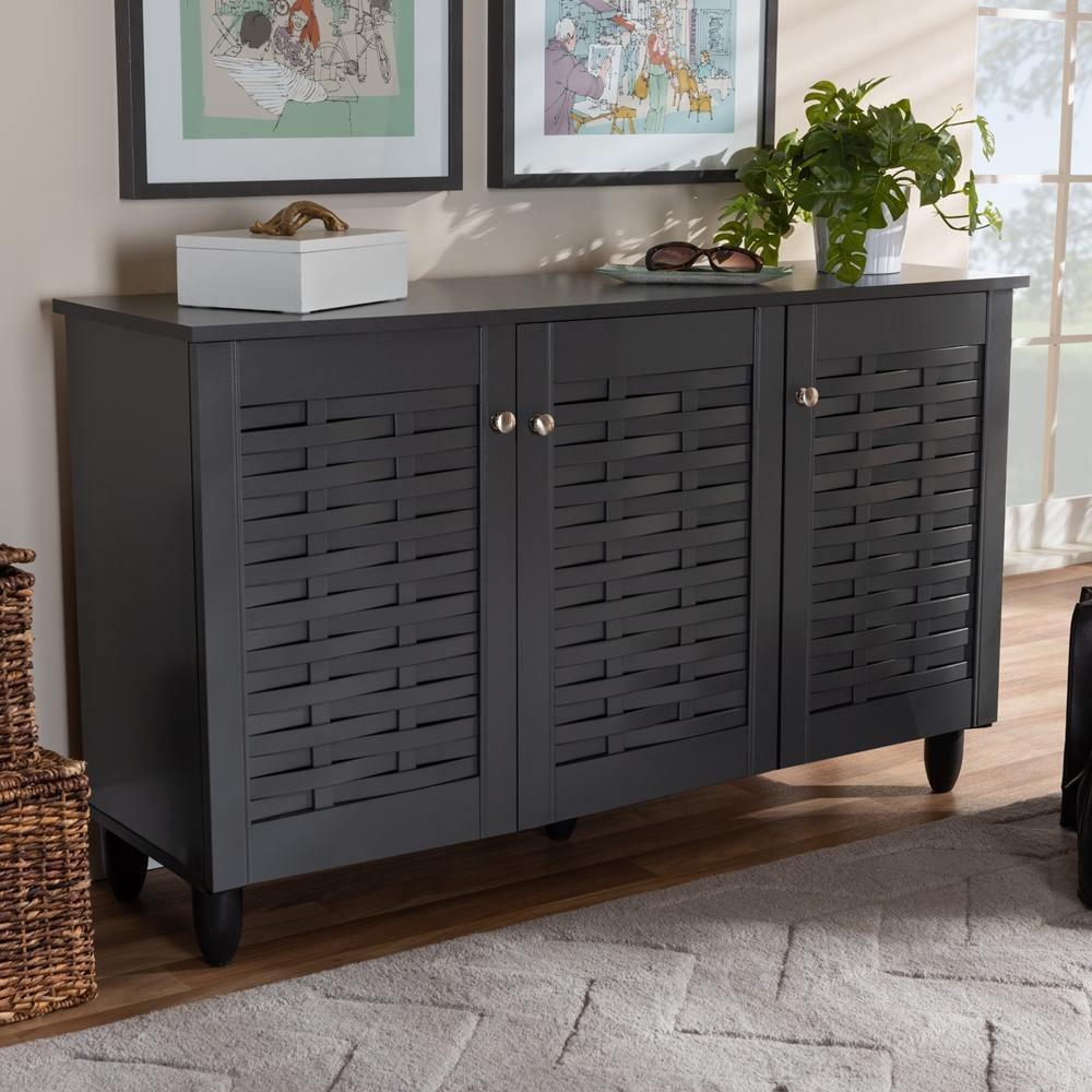 Winda Modern and Contemporary Dark Gray 3-Door Wooden Entryway Shoe Storage Cabinet FredCo