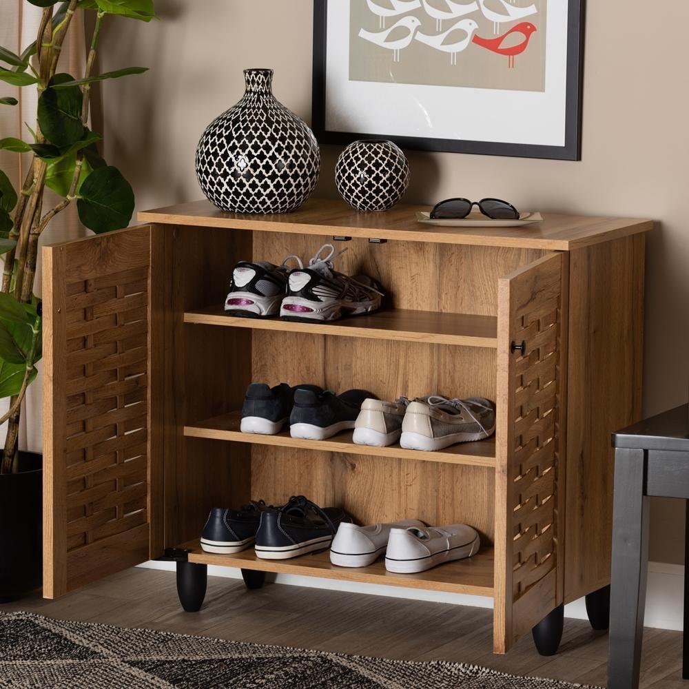Winda Modern and Contemporary Oak Brown Finished Wood 2-Door Shoe Cabinet FredCo
