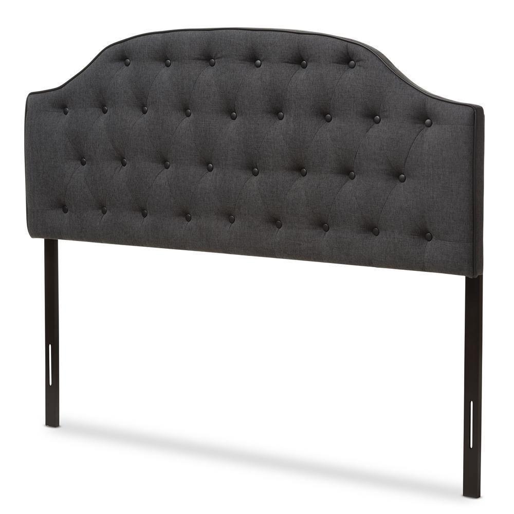 Windsor Modern and Contemporary Dark Grey Fabric Upholstered Scalloped Buttoned Queen Size Headboard FredCo