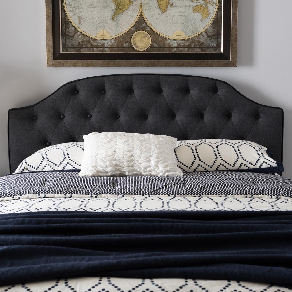 Windsor Modern and Contemporary Dark Grey Fabric Upholstered Scalloped Buttoned Queen Size Headboard FredCo