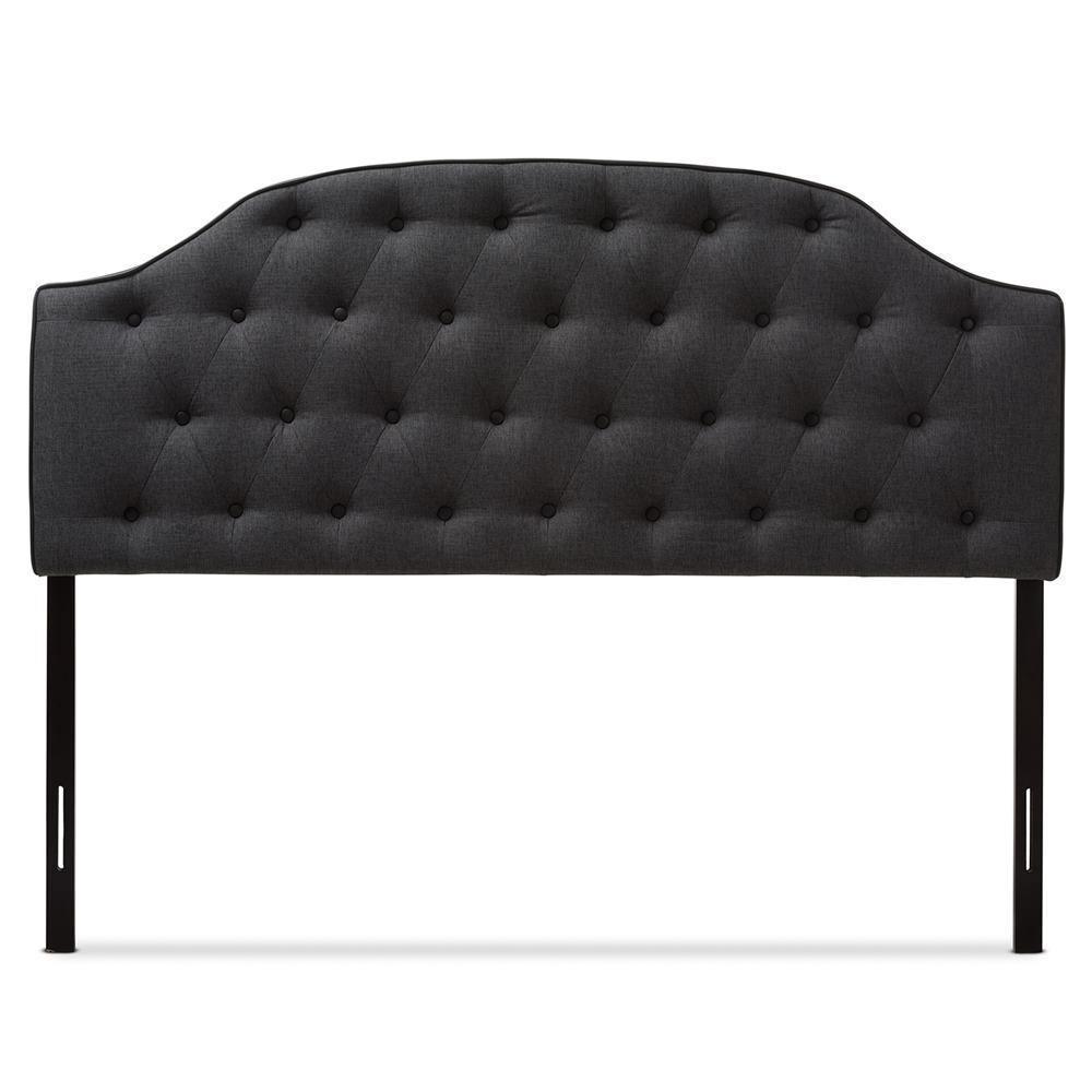 Windsor Modern and Contemporary Dark Grey Fabric Upholstered Scalloped Buttoned Queen Size Headboard FredCo