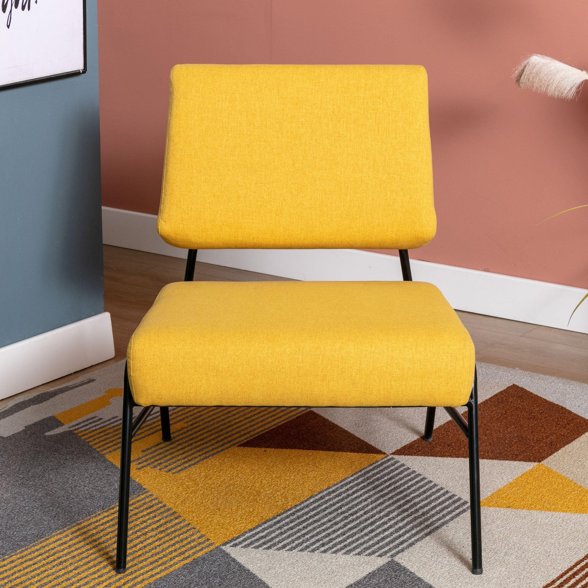 Wire Metal Frame Slipper Chair, Armless Accent Chair Lounge Chair Yellow Linen FredCo