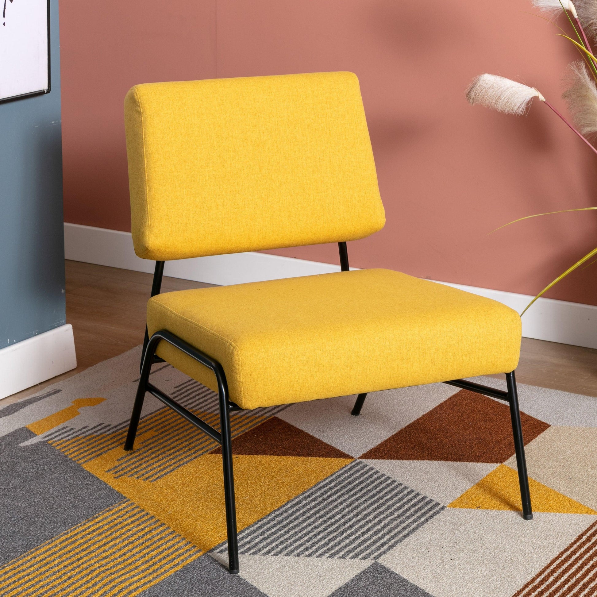 Wire Metal Frame Slipper Chair, Armless Accent Chair Lounge Chair Yellow Linen FredCo