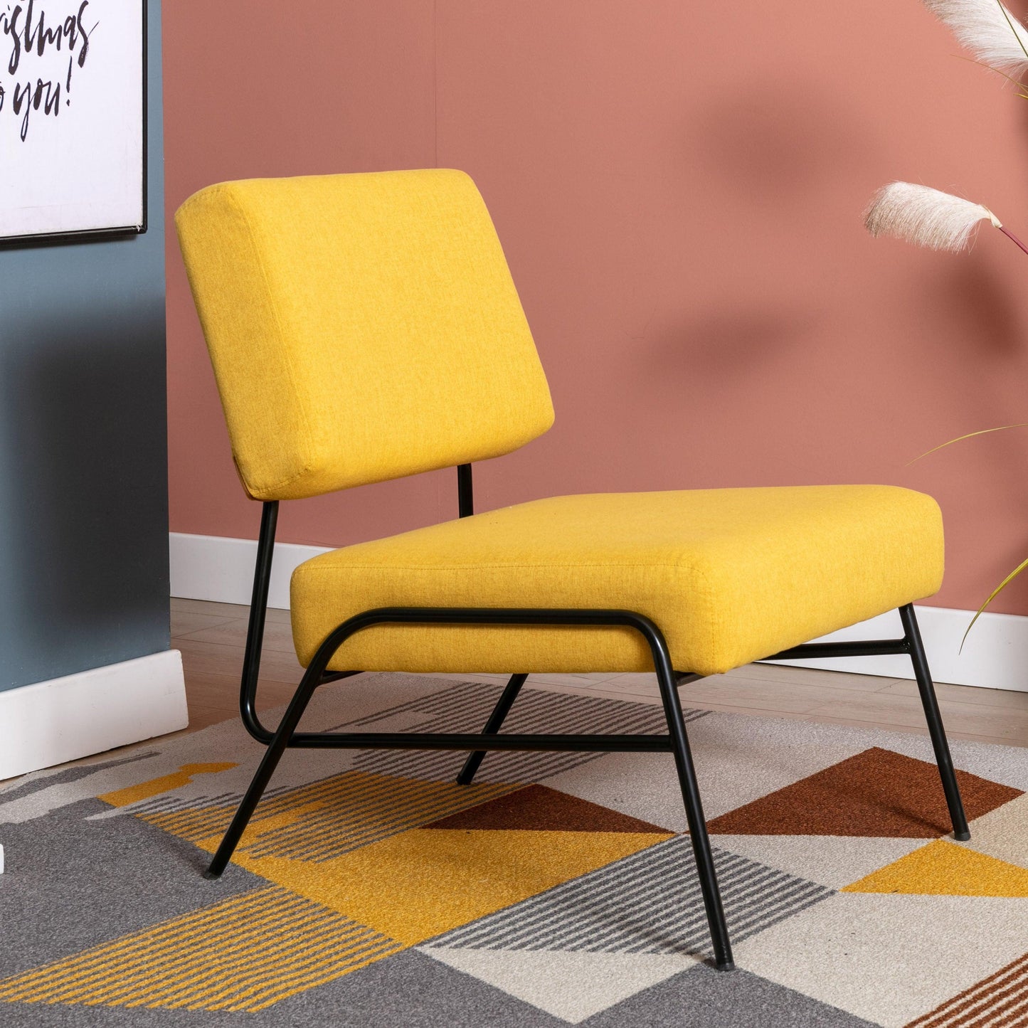 Wire Metal Frame Slipper Chair, Armless Accent Chair Lounge Chair Yellow Linen FredCo