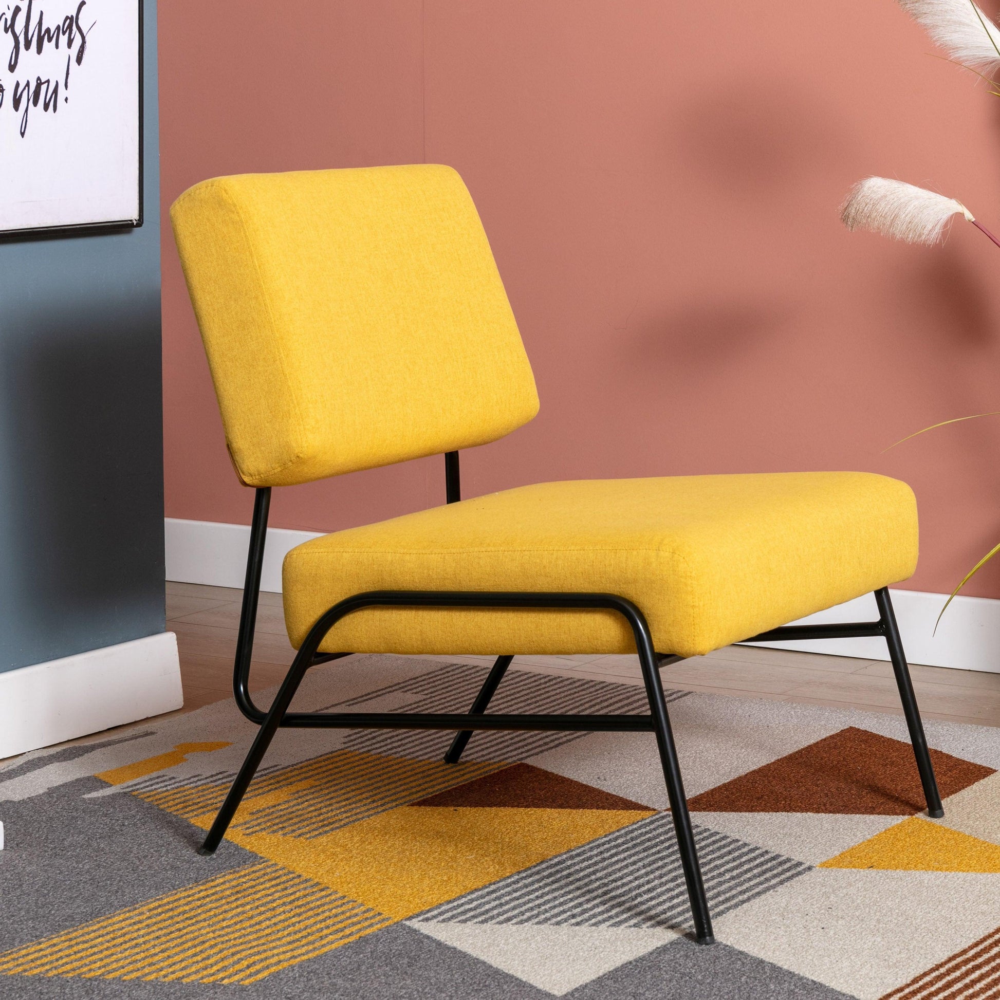 Wire Metal Frame Slipper Chair, Armless Accent Chair Lounge Chair Yellow Linen FredCo