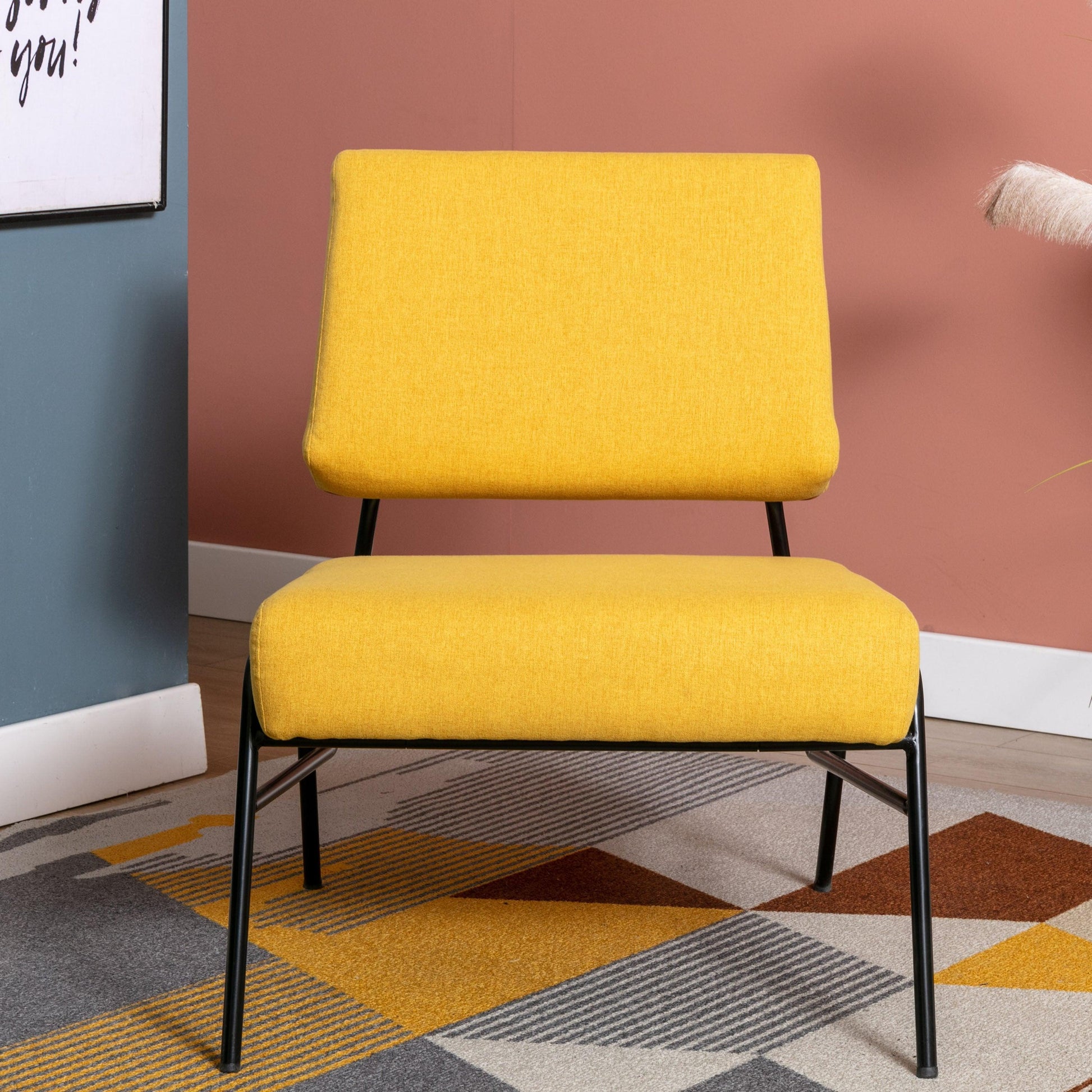 Wire Metal Frame Slipper Chair, Armless Accent Chair Lounge Chair Yellow Linen FredCo