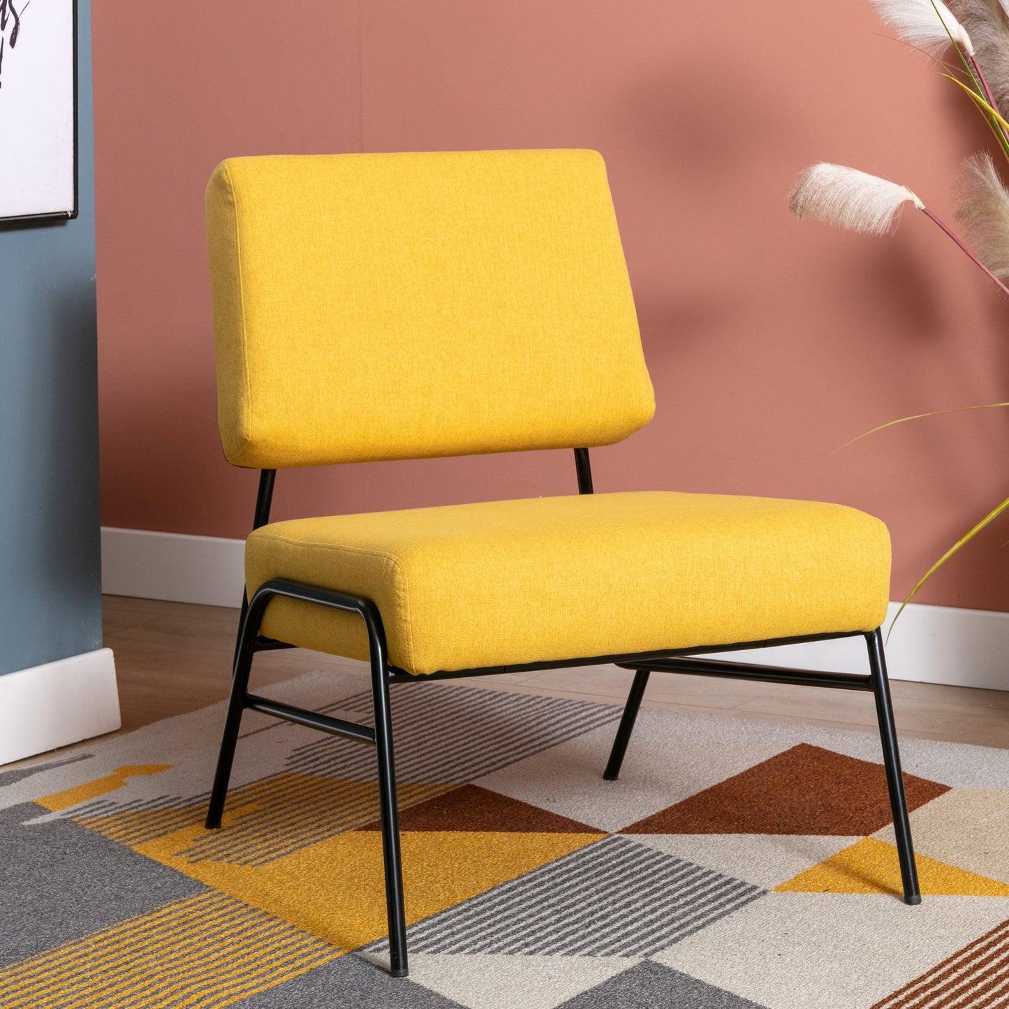 Wire Metal Frame Slipper Chair, Armless Accent Chair Lounge Chair Yellow Linen FredCo
