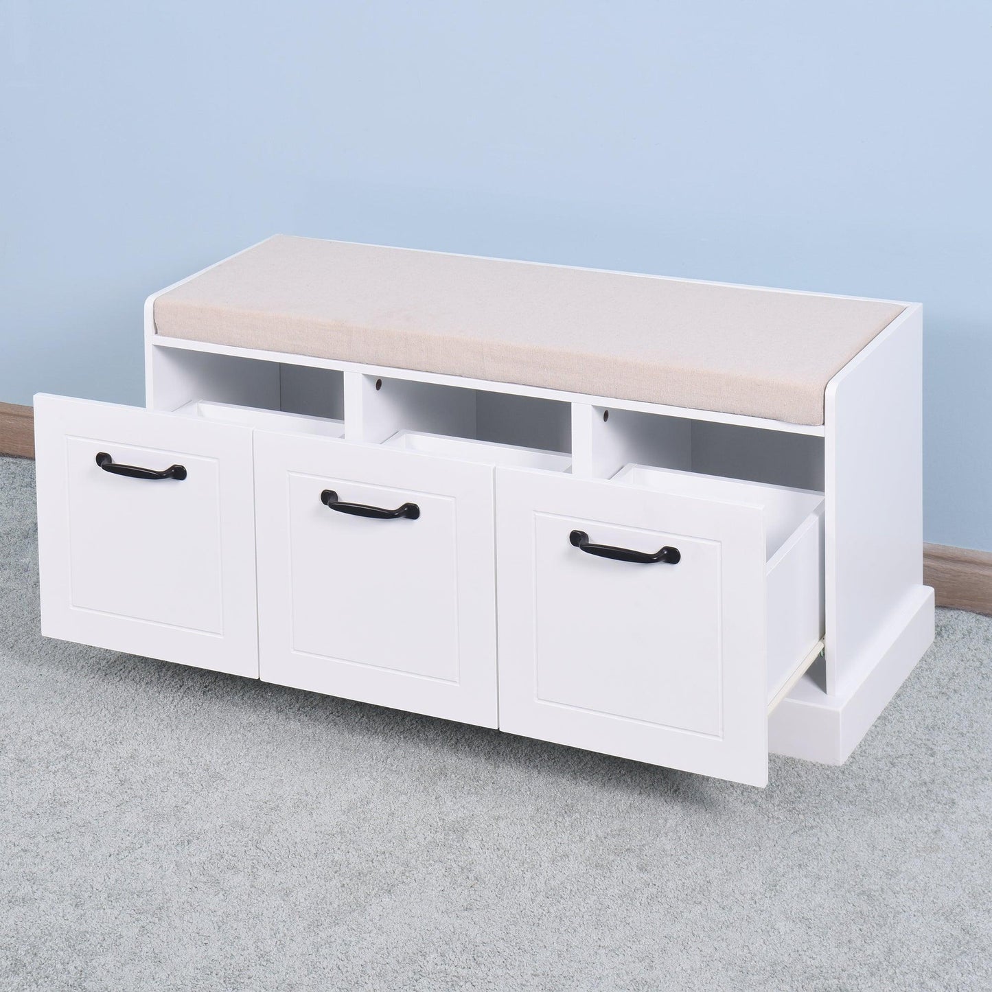 Wooden Entryway Shoe Cabinet Living Room Storage Bench with White Cushion FredCo
