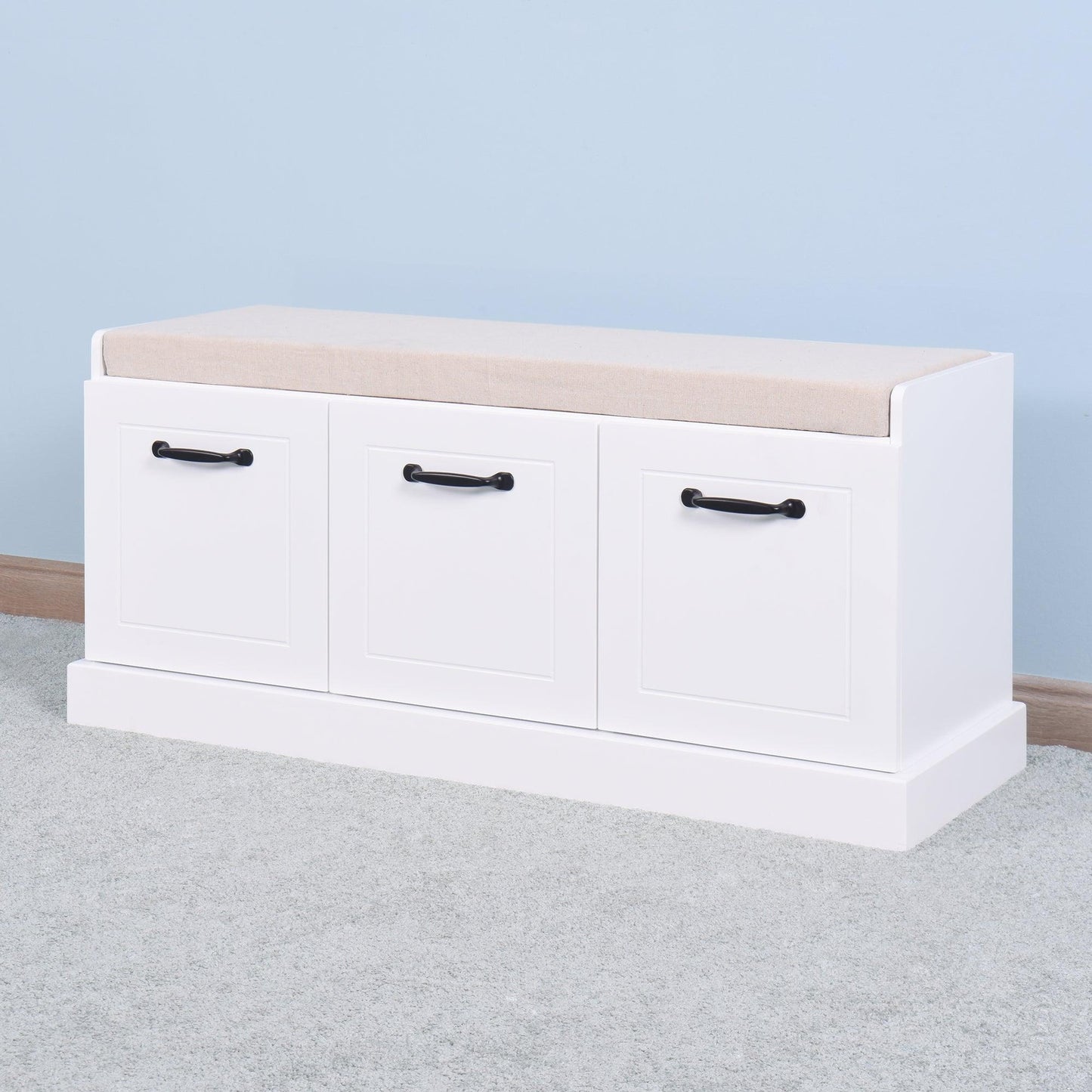 Wooden Entryway Shoe Cabinet Living Room Storage Bench with White Cushion FredCo
