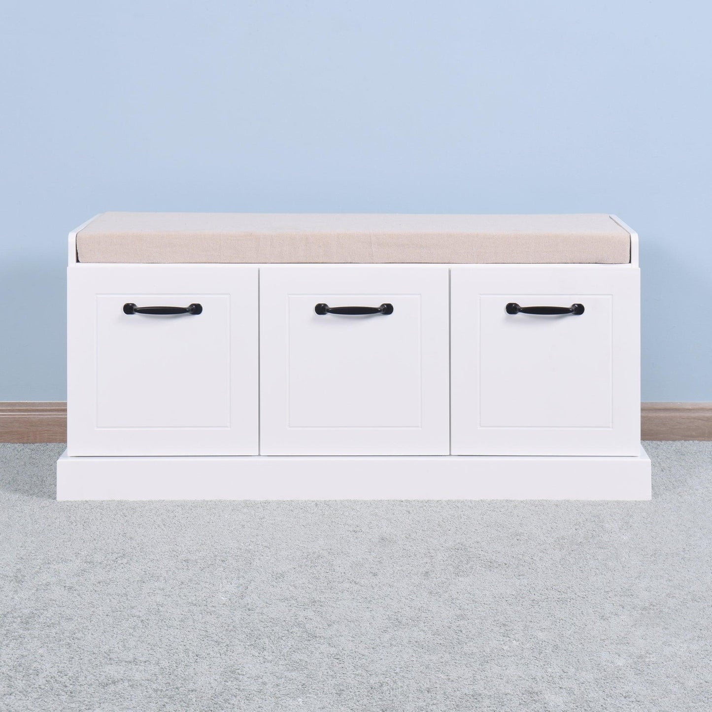 Wooden Entryway Shoe Cabinet Living Room Storage Bench with White Cushion FredCo