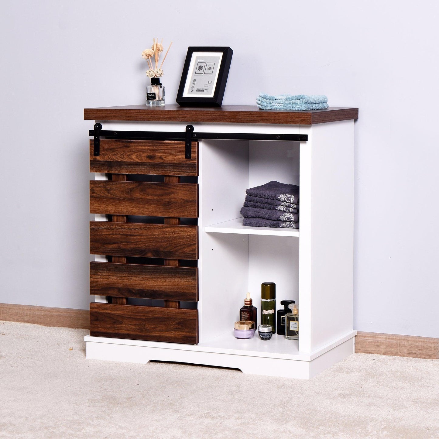 Wooden White Storage Cabinet with Barn Door 31.5 x 15.35 x 32 inch FredCo