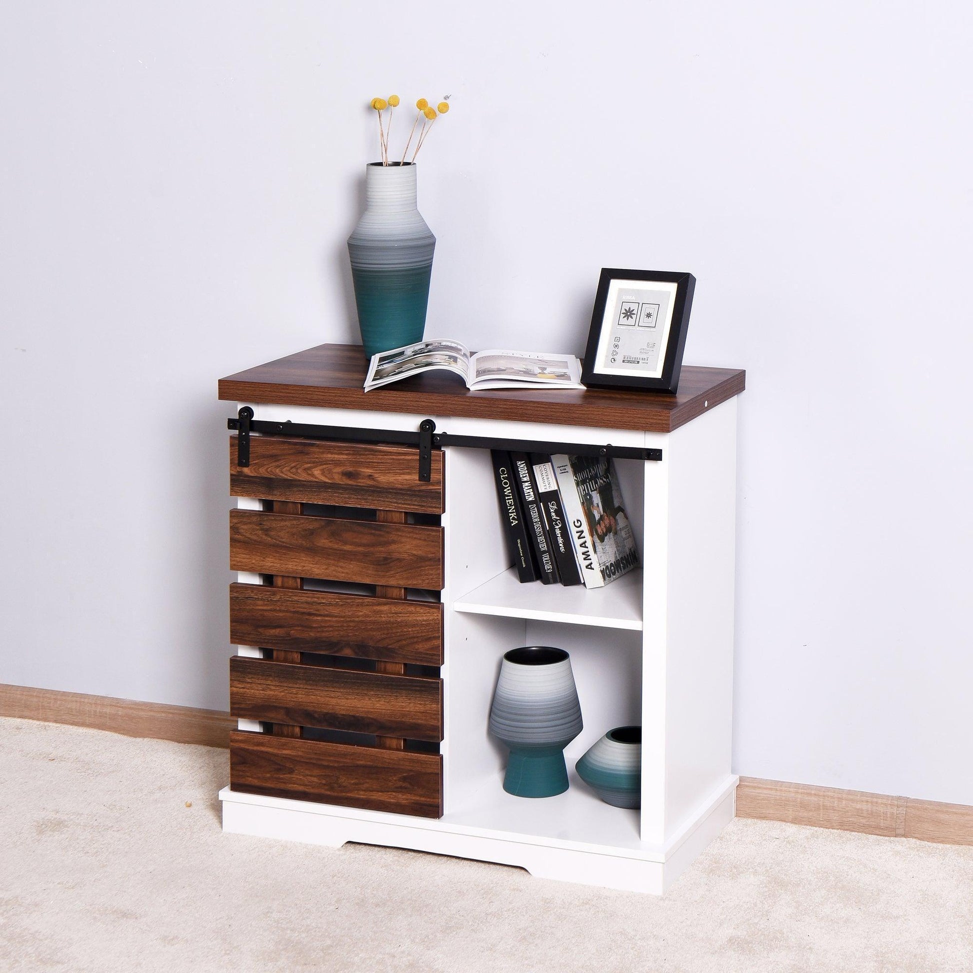Wooden White Storage Cabinet with Barn Door 31.5 x 15.35 x 32 inch FredCo