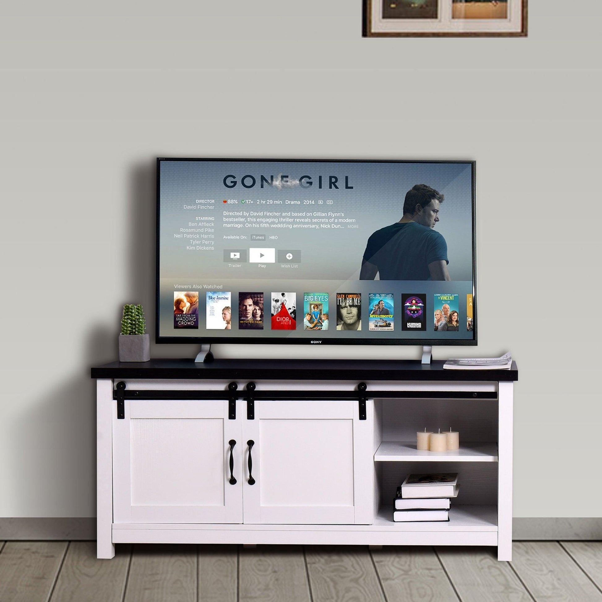 Wooden White Storage TV cabinet with 2 Barn doors 47.2 x 15.35 x 21.65 inch FredCo