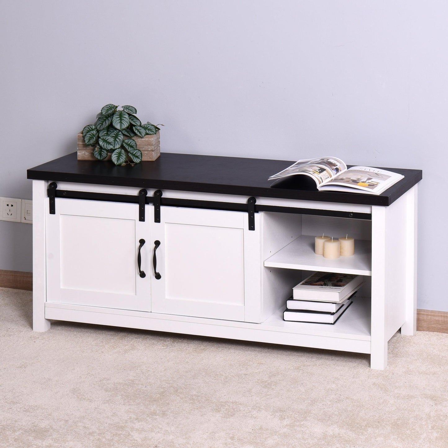 Wooden White Storage TV cabinet with 2 Barn doors 47.2 x 15.35 x 21.65 inch FredCo