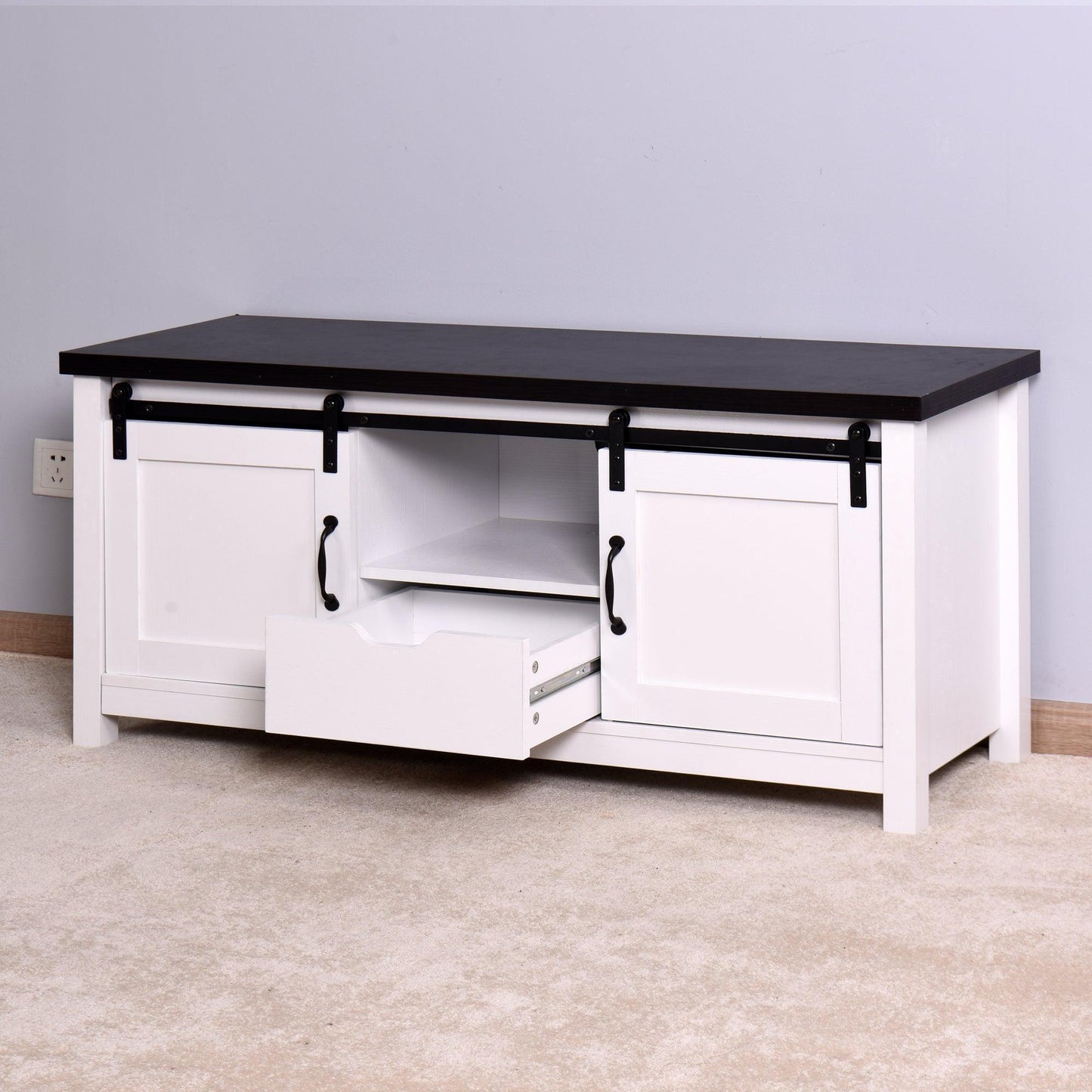 Wooden White Storage TV cabinet with 2 Barn doors 47.2 x 15.35 x 21.65 inch FredCo