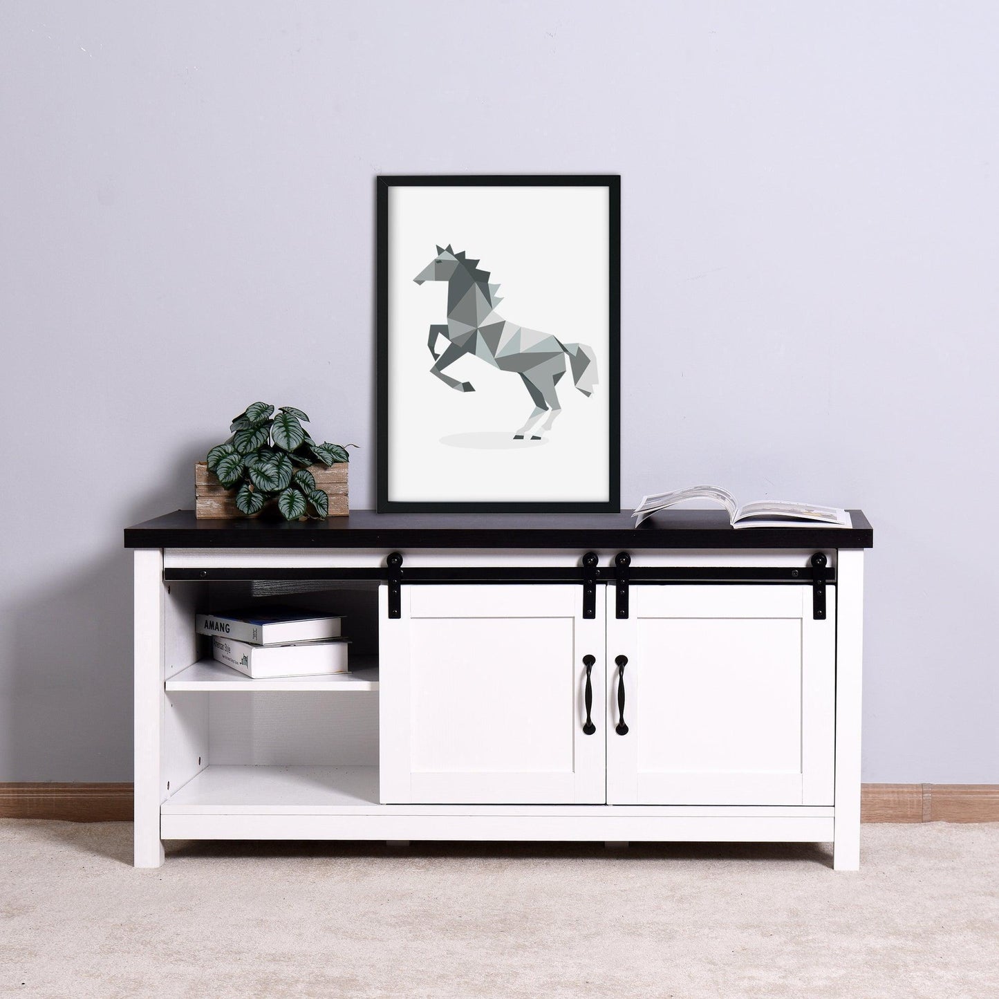 Wooden White Storage TV cabinet with 2 Barn doors 47.2 x 15.35 x 21.65 inch FredCo