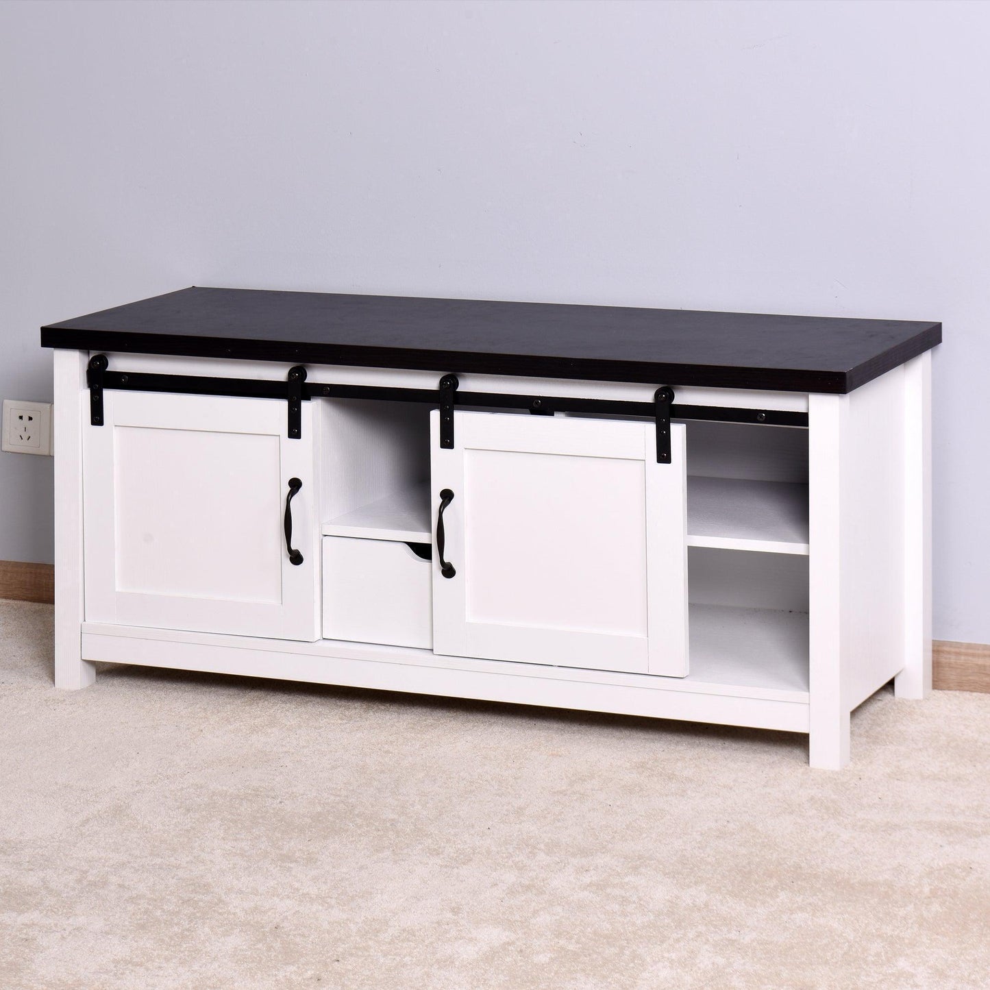 Wooden White Storage TV cabinet with 2 Barn doors 47.2 x 15.35 x 21.65 inch FredCo