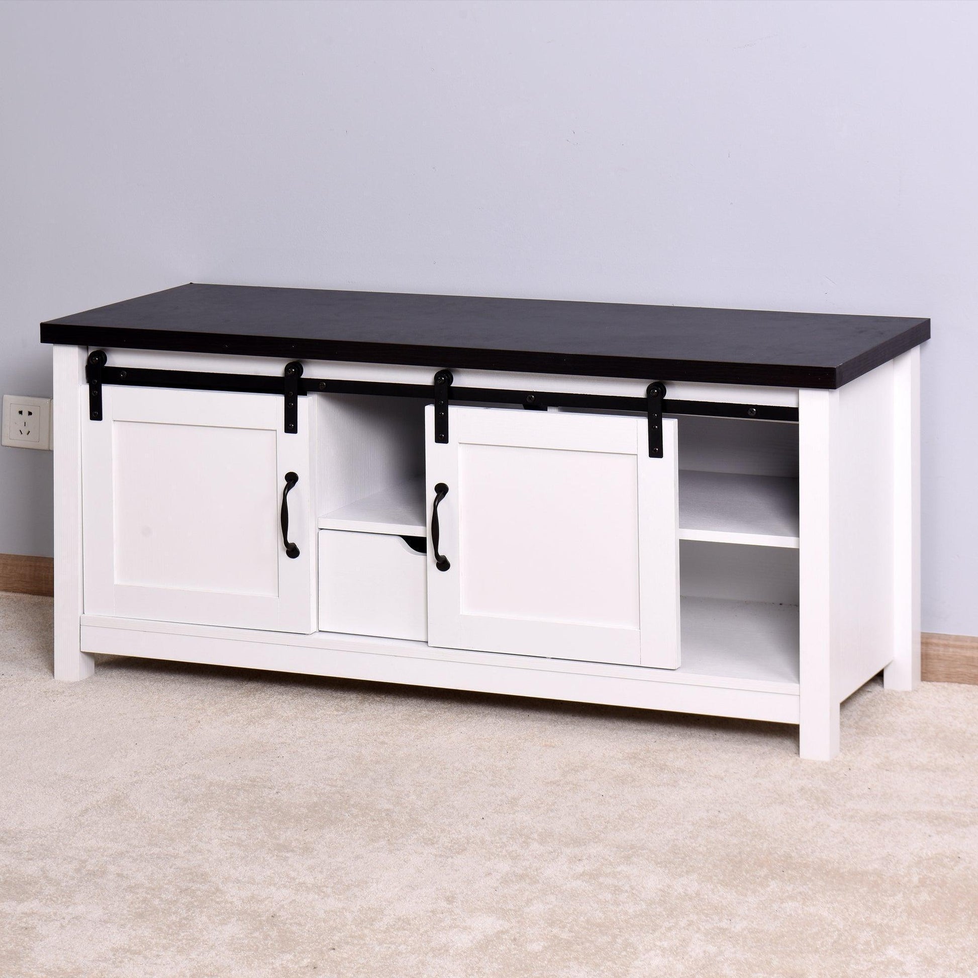 Wooden White Storage TV cabinet with 2 Barn doors 47.2 x 15.35 x 21.65 inch FredCo