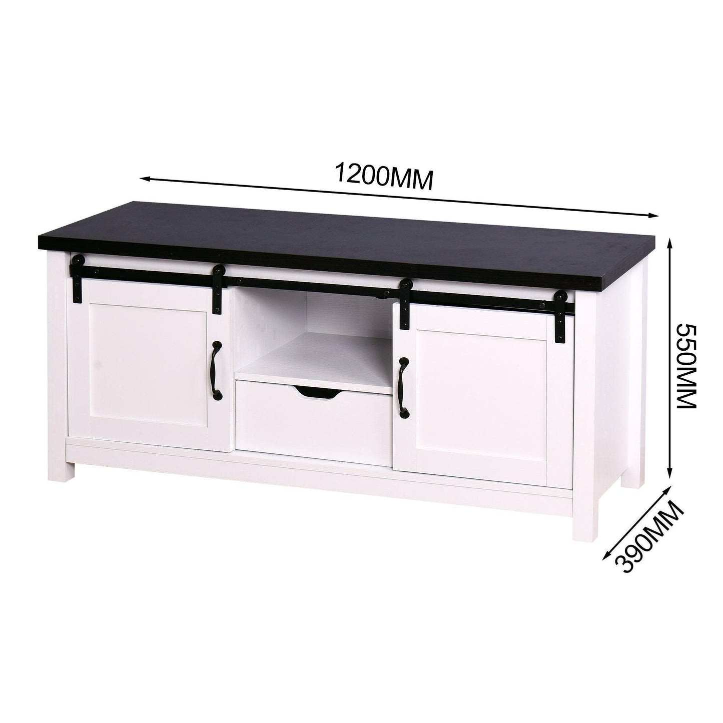 Wooden White Storage TV cabinet with 2 Barn doors 47.2 x 15.35 x 21.65 inch FredCo