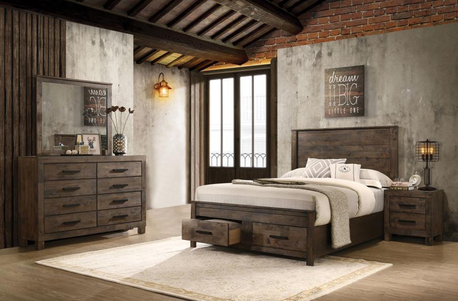 Woodmont 4-piece Queen Platform Bedroom Set Rustic Golden Brown Coaster FredCo