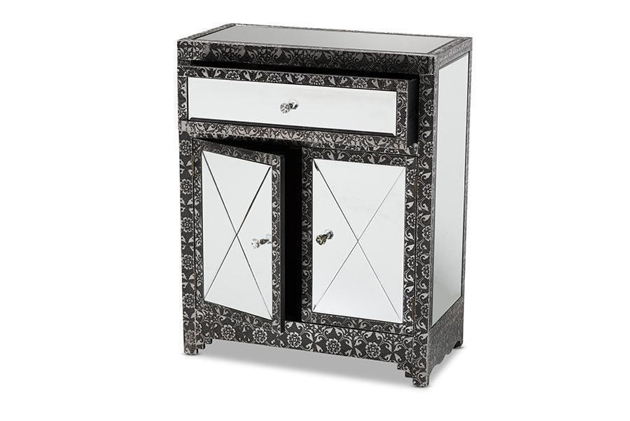 Wycliff Industrial Glam and Luxe Silver Finished Metal and Mirrored Glass 1-Drawer Sideboard Buffet FredCo