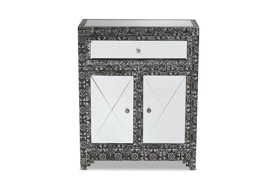 Wycliff Industrial Glam and Luxe Silver Finished Metal and Mirrored Glass 1-Drawer Sideboard Buffet FredCo