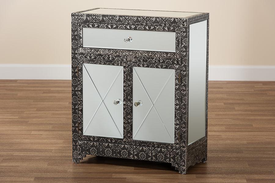 Wycliff Industrial Glam and Luxe Silver Finished Metal and Mirrored Glass 1-Drawer Sideboard Buffet FredCo