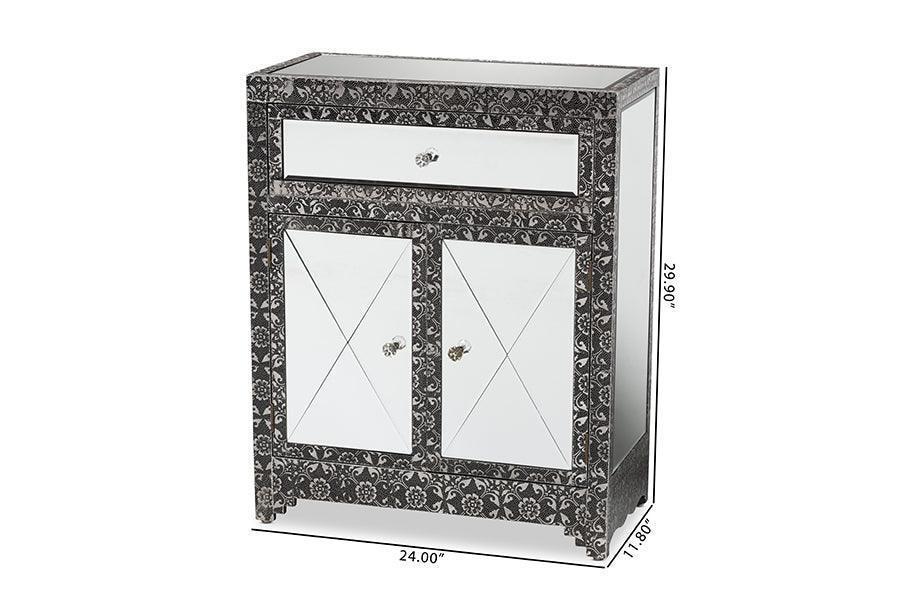 Wycliff Industrial Glam and Luxe Silver Finished Metal and Mirrored Glass 1-Drawer Sideboard Buffet FredCo