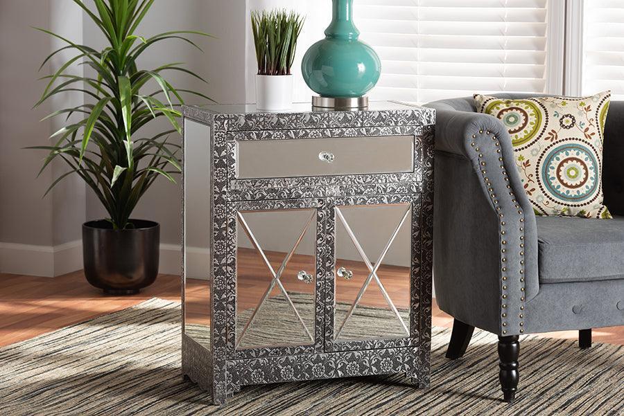 Wycliff Industrial Glam and Luxe Silver Finished Metal and Mirrored Glass 1-Drawer Sideboard Buffet FredCo