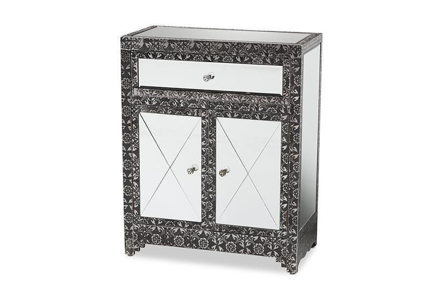 Wycliff Industrial Glam and Luxe Silver Finished Metal and Mirrored Glass 1-Drawer Sideboard Buffet FredCo