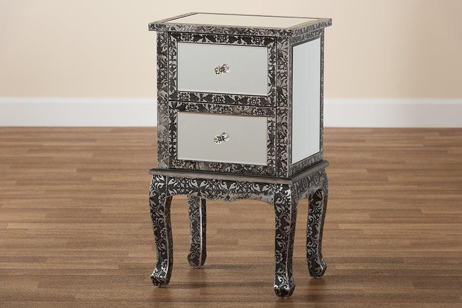 Wycliff Industrial Glam and Luxe Silver Finished Metal and Mirrored Glass 2-Drawer Nightstand FredCo