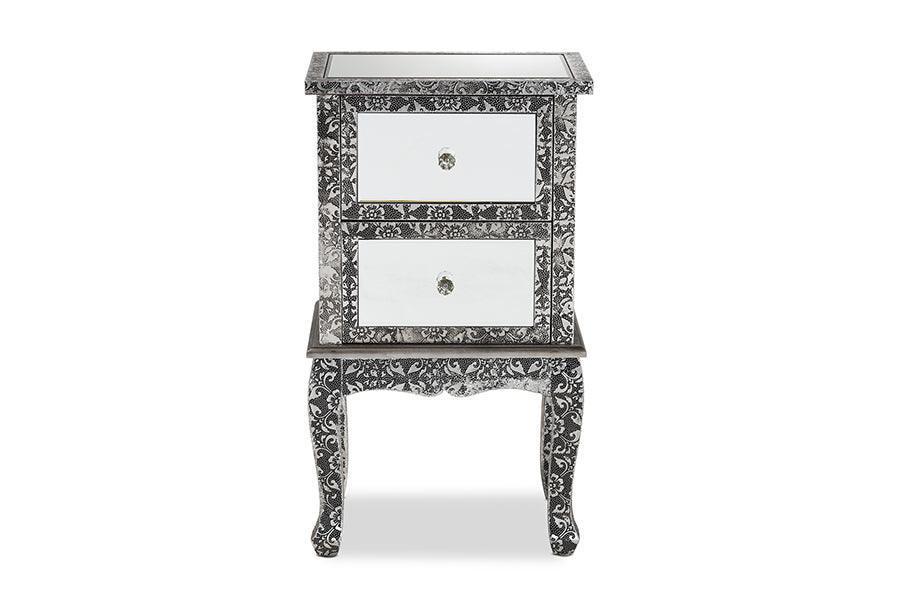 Wycliff Industrial Glam and Luxe Silver Finished Metal and Mirrored Glass 2-Drawer Nightstand FredCo