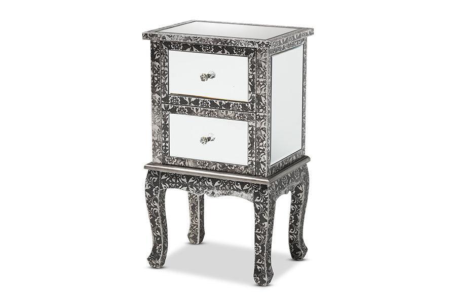 Wycliff Industrial Glam and Luxe Silver Finished Metal and Mirrored Glass 2-Drawer Nightstand FredCo