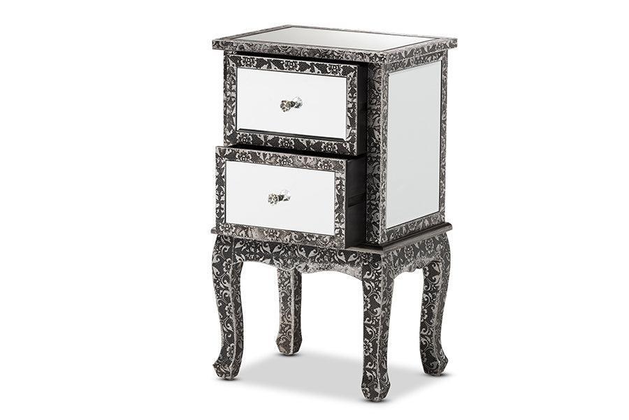 Wycliff Industrial Glam and Luxe Silver Finished Metal and Mirrored Glass 2-Drawer Nightstand FredCo