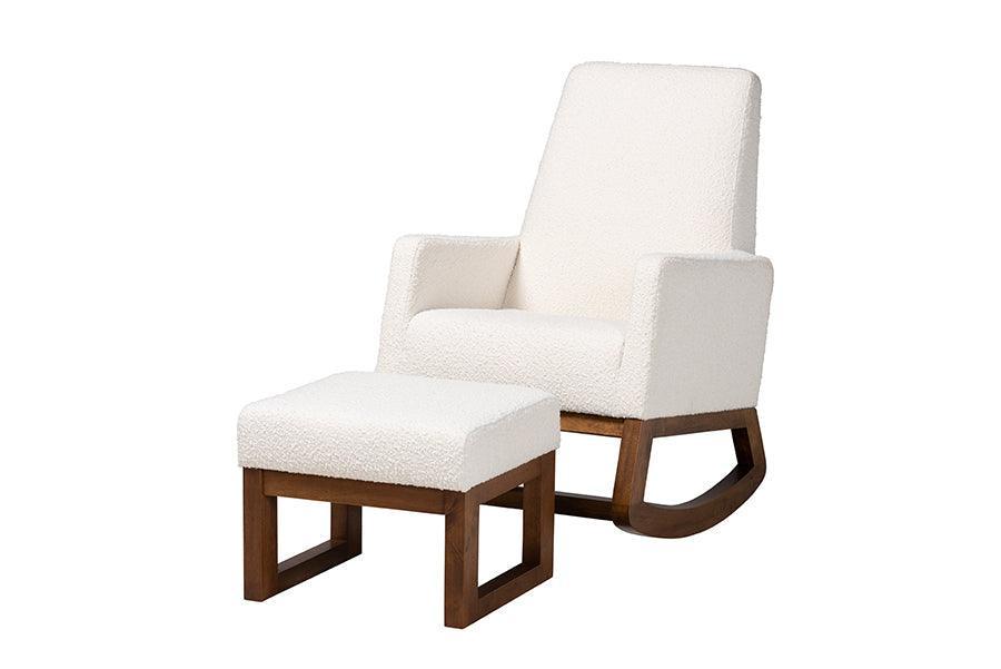 Yashiya Mid-Century Modern Off-White Boucle Upholstered and Walnut Brown Finished Wood 2-Piece Rocking Chair and Ottoman Set FredCo