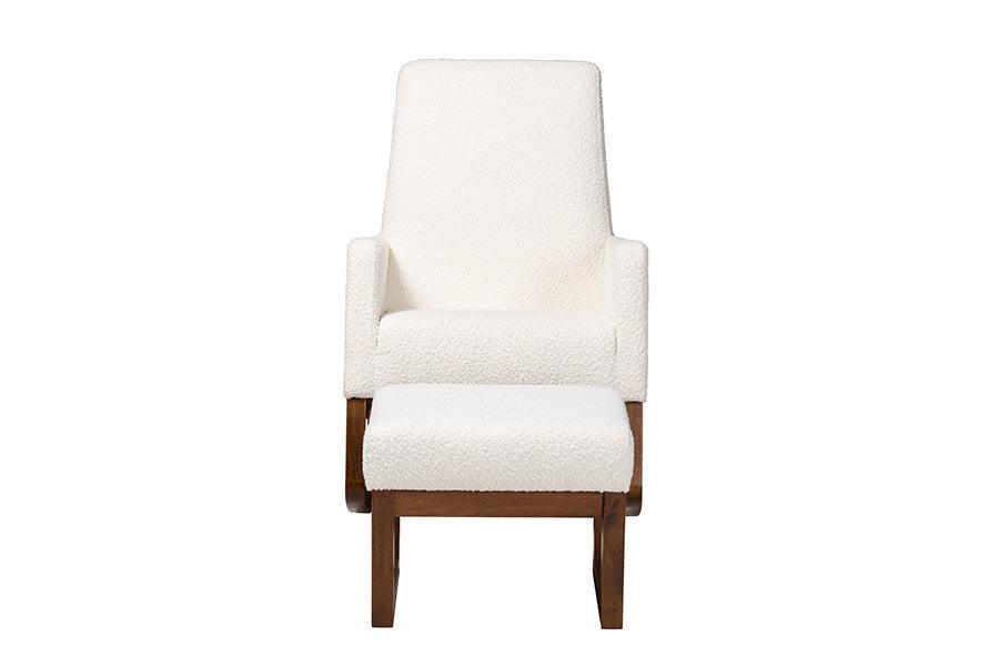 Yashiya Mid-Century Modern Off-White Boucle Upholstered and Walnut Brown Finished Wood 2-Piece Rocking Chair and Ottoman Set FredCo