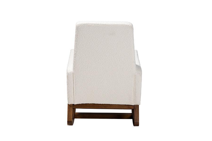 Yashiya Mid-Century Modern Off-White Boucle Upholstered and Walnut Brown Finished Wood 2-Piece Rocking Chair and Ottoman Set FredCo
