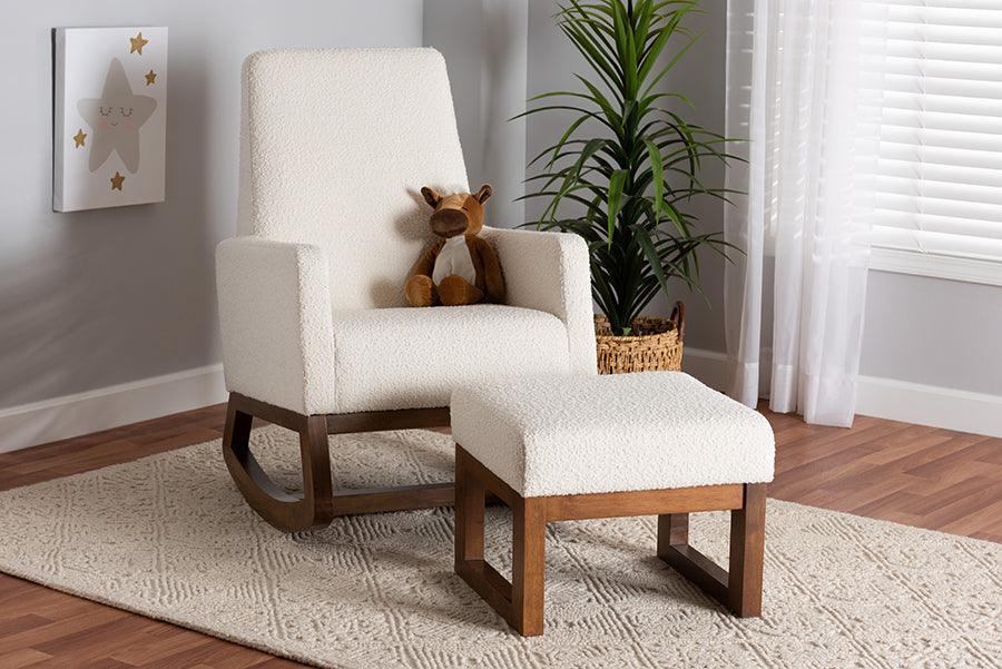 Yashiya Mid-Century Modern Off-White Boucle Upholstered and Walnut Brown Finished Wood 2-Piece Rocking Chair and Ottoman Set FredCo