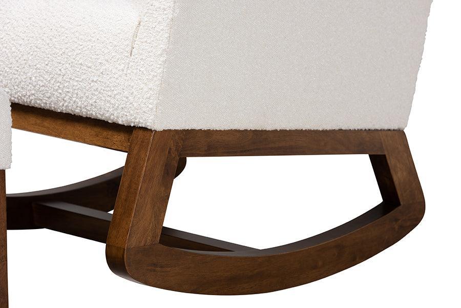 Yashiya Mid-Century Modern Off-White Boucle Upholstered and Walnut Brown Finished Wood 2-Piece Rocking Chair and Ottoman Set FredCo