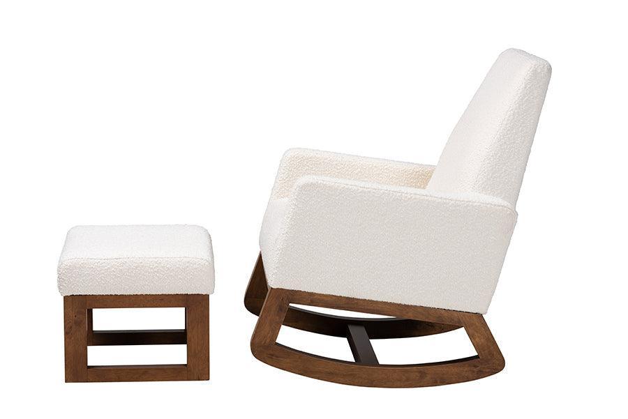 Yashiya Mid-Century Modern Off-White Boucle Upholstered and Walnut Brown Finished Wood 2-Piece Rocking Chair and Ottoman Set FredCo